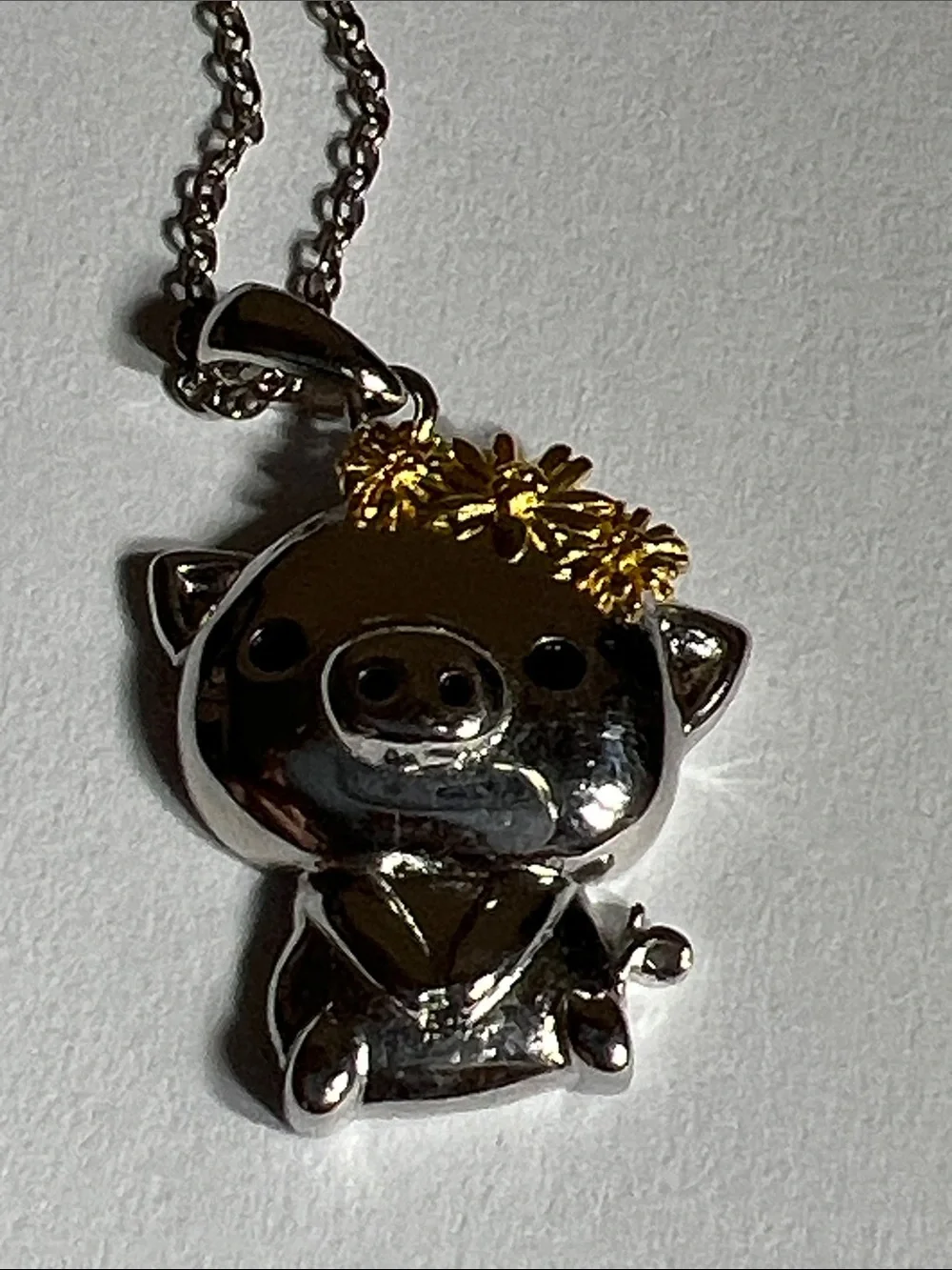 Silver Pig Pendant Cat Collar Charm with Gold Flower Accent